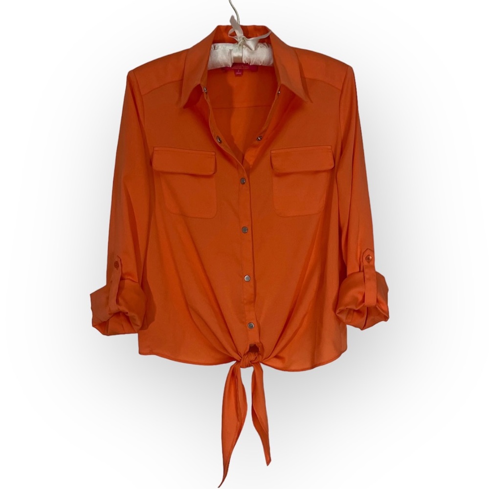 Catherine Malandrino Orange Blouse Tie Front Top Roll Tab Shirt Peach Coral Sz 2